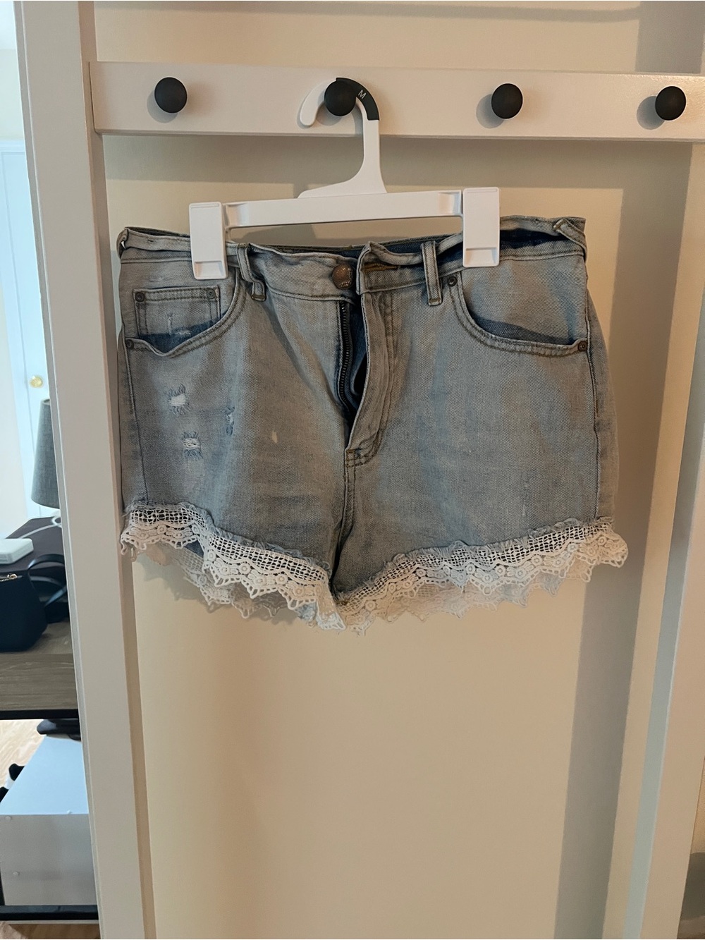 Free People Light Wash Lace Trim Denim Shorts